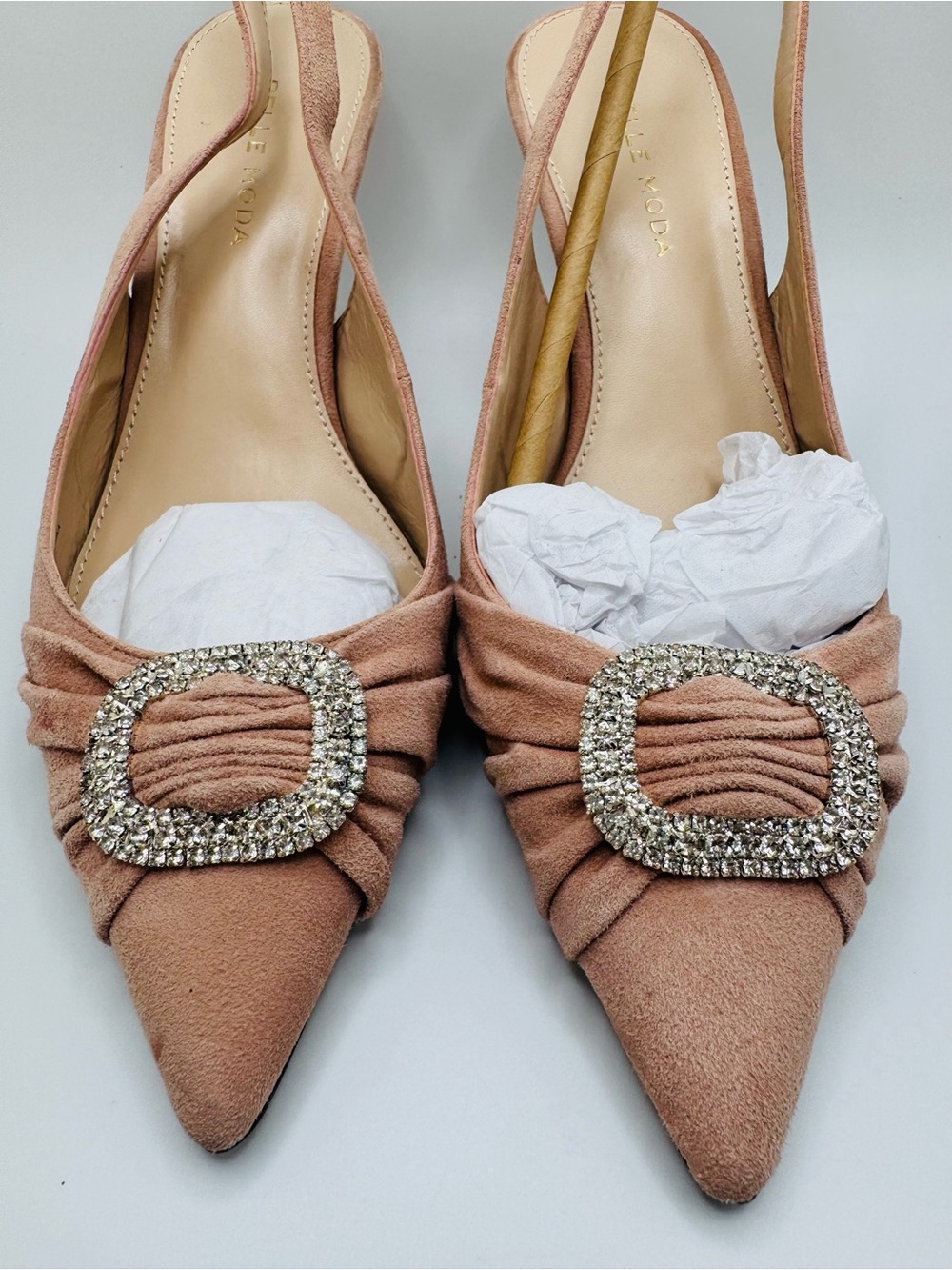 Pelle Moda Dusty Rose Pointed Slingback Heels with Crystal Buckles